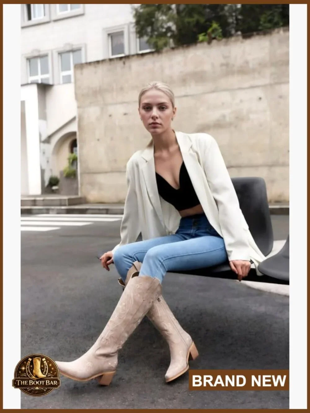 Knee High Western Boots Floral Embroidered Pointed Toe Chunky Heel Pull On - Picture 3 of 7